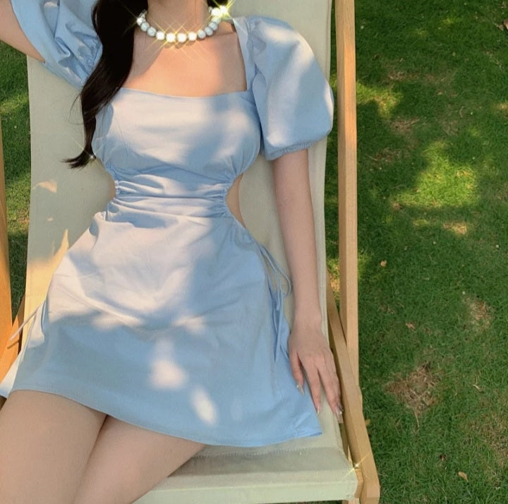 Cute Blue French Square Neck Puff Sleeve Backless Bandage Mini Dress Summer Aesthetic Casual E-Girl Kawaii Korean Japanese Harajuku