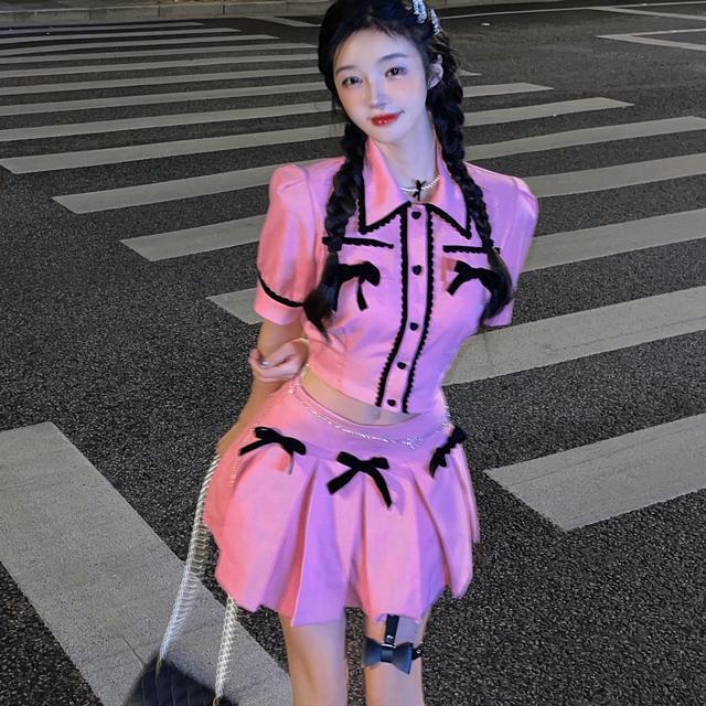 2PCS Pink Plaid Lapel Bow Puff Sleeve Crop Top + Mini Skirt