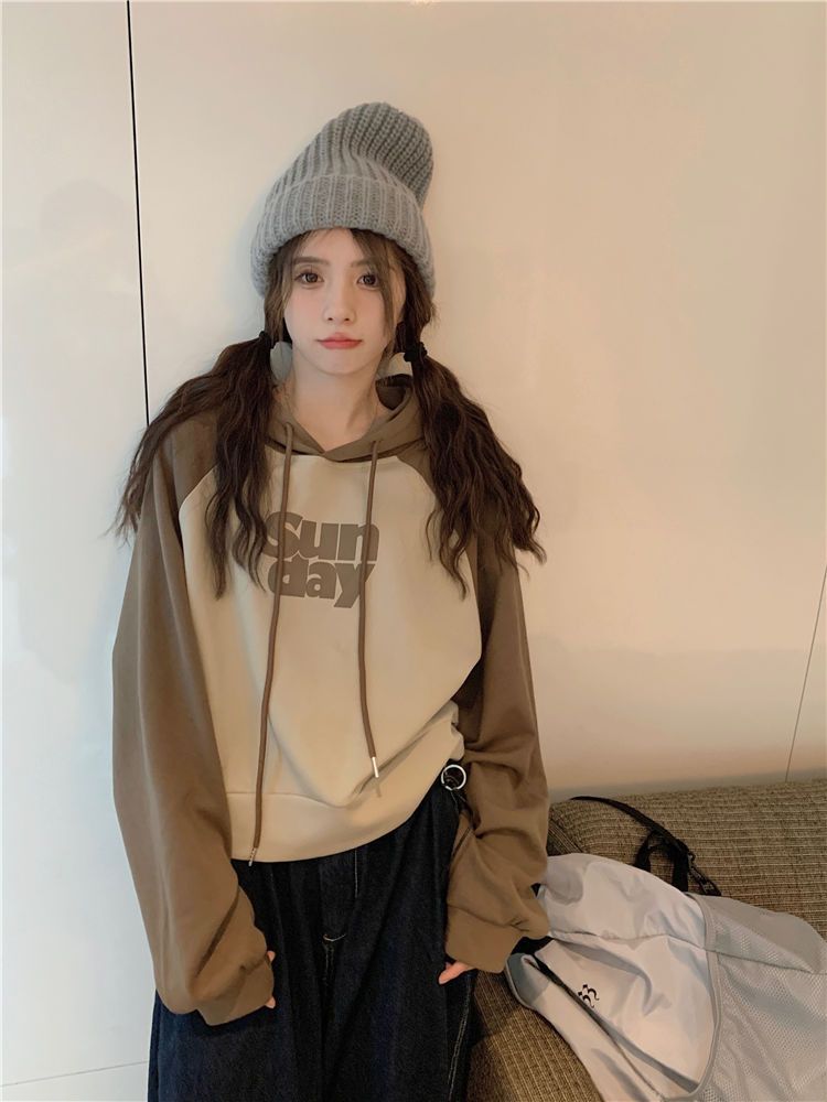 Oversized Sunday Patchwork Cropped Hoodie