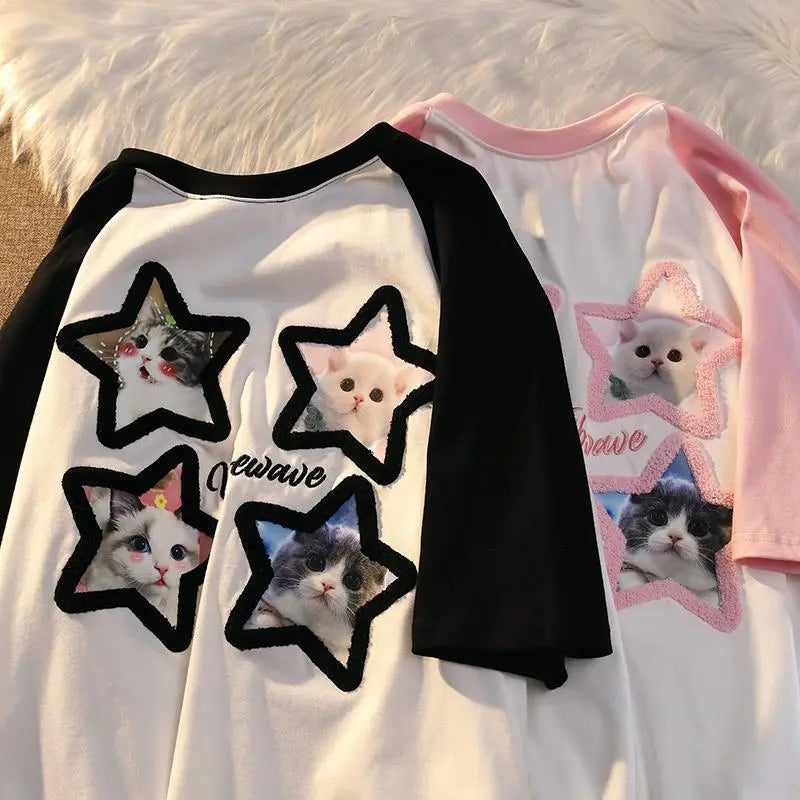 Pink Kawaii Cat Patchwork Short Sleeve T-shirt