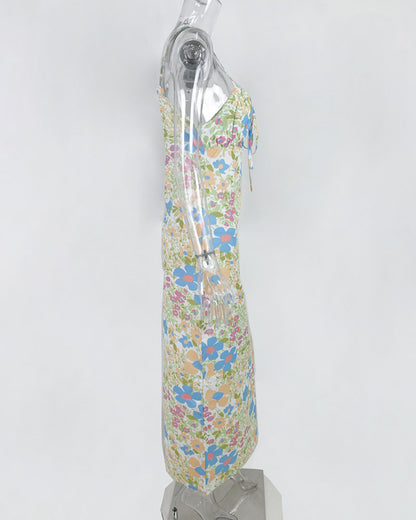 Floral Square Collar Long Bodycon Dress