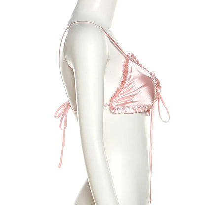 Pink Satin Heart Ruffle Crop Top