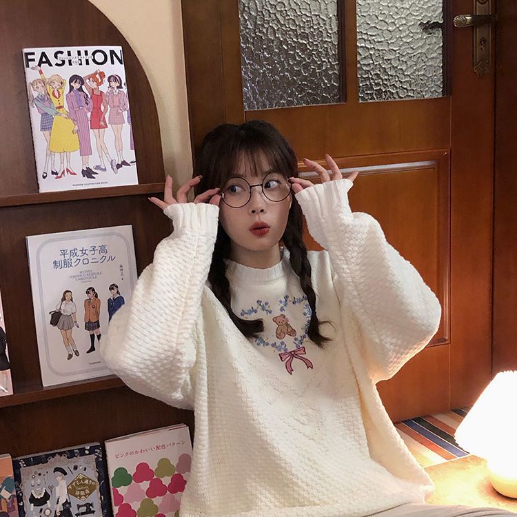 Heart Bear Flower Bow Embroidery Knit Sweater