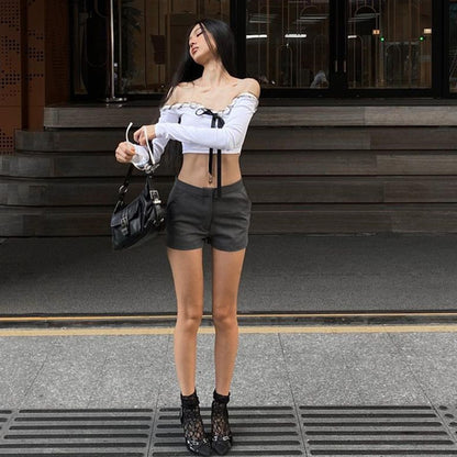 Ruffle Off Shoulder Lace Up Long Sleeve Top