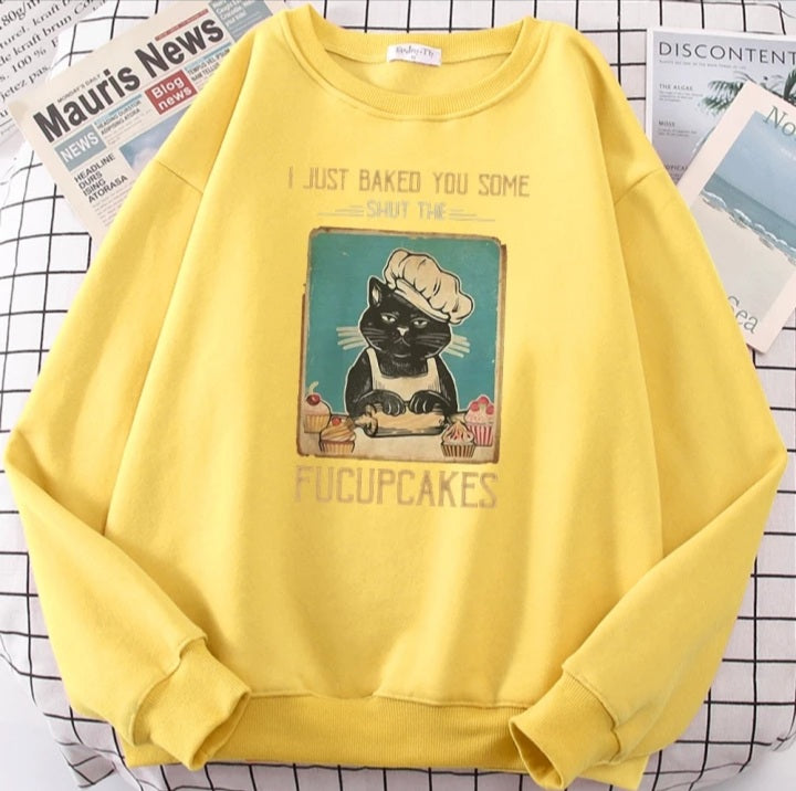 Cute Funny Cat Baking Cupcakes Cartoon Print Sweatshirt Pullover Hoodie Aesthetic Casual E-Girl Kawaii Korean Japanese Harajuku