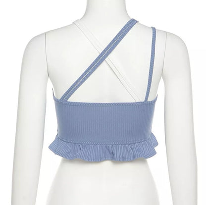 Cute Sexy Blue White Hollow Out Patchwork Rib Knit Camisole Crop Top Sleeveless Shirt Summer Aesthetic Casual E-Girl Kawaii Korean Japanese Harajuku