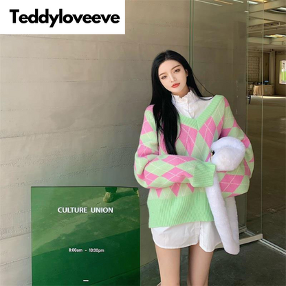 Green & Pink Lattice V Neck Sweater