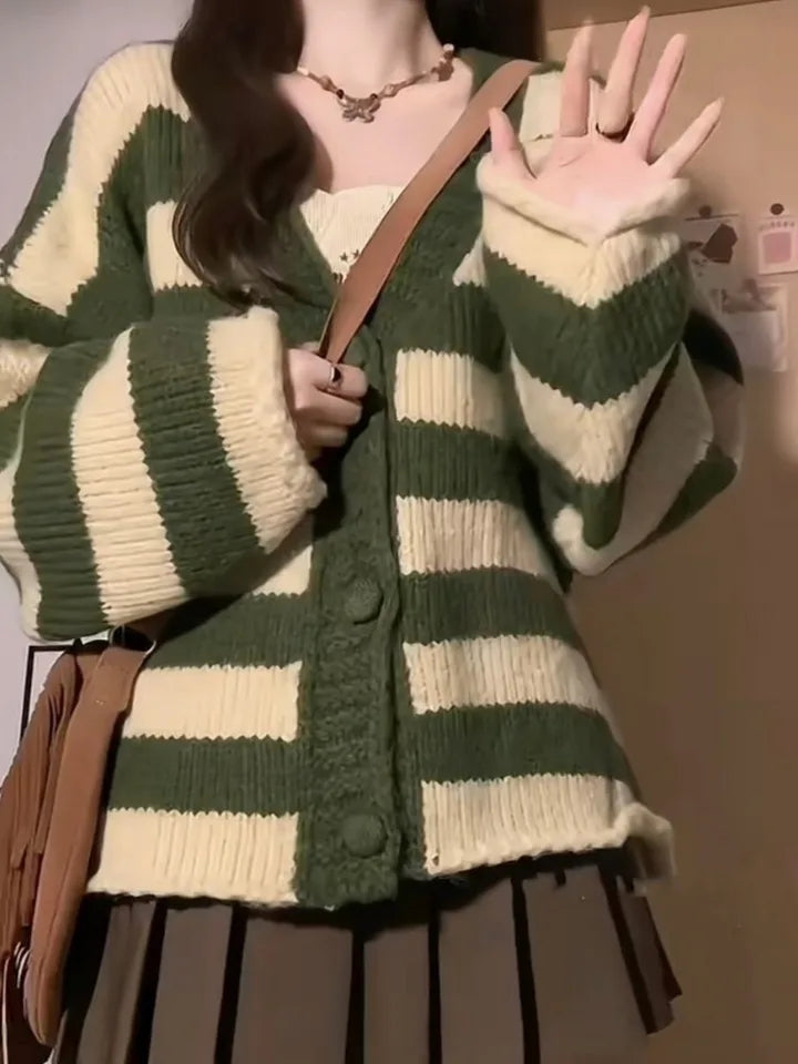 Green Stripe Loose Cardigan