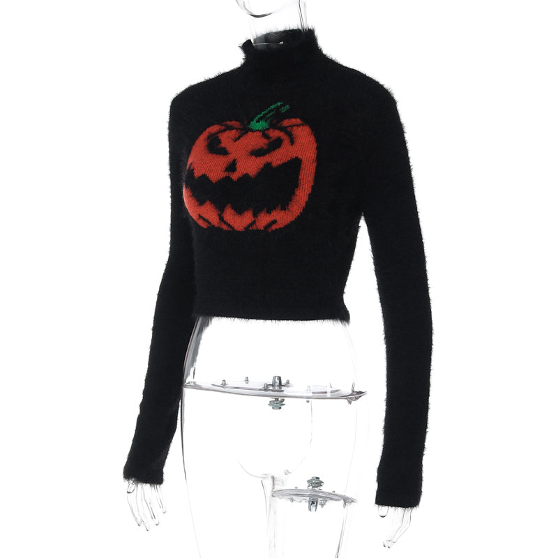 Black Fluffy Pumpkin Turtleneck Sweater