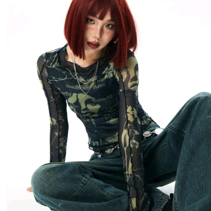 Butterfly Print Mesh Long Sleeve Shirt