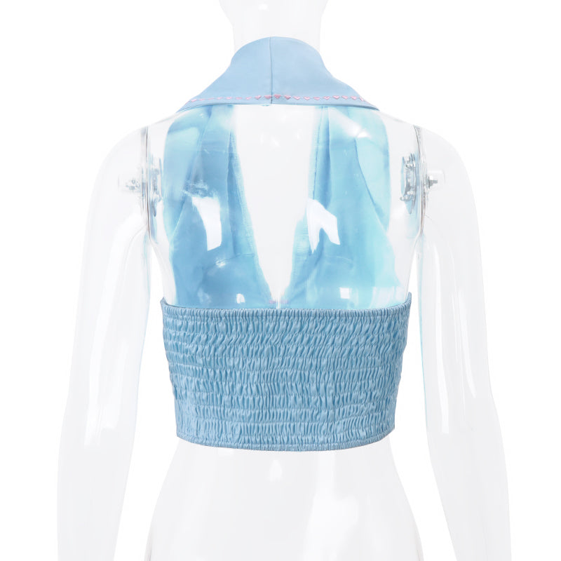 Blue Flower Embroidery Collar Vest Top