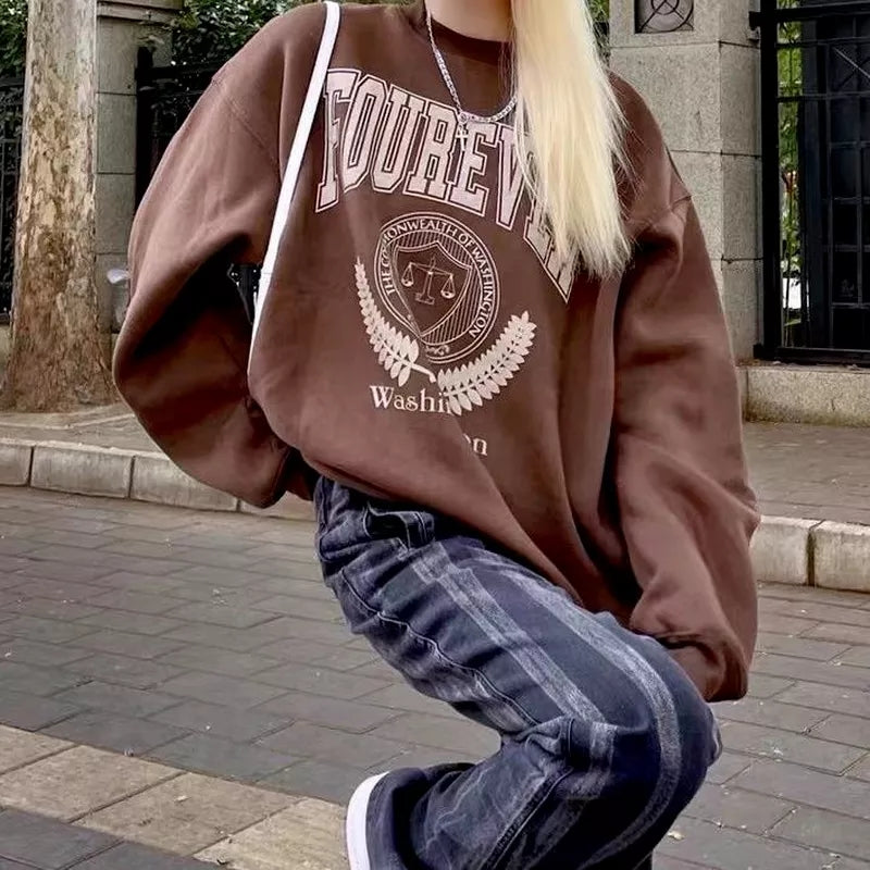 Brown Letter Oversized Long Sleeve Sweater