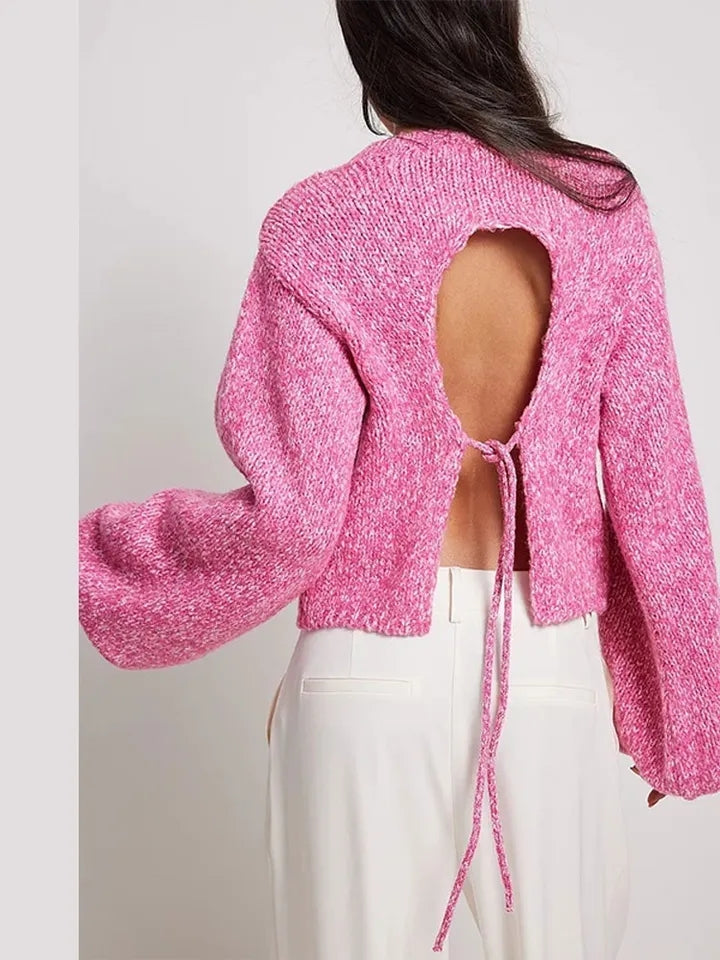 Pink Knit Backless Lace Up Sweater