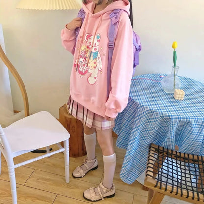 Cute Pastel Anime Girl Teddy Bear Cartoon Graphic Print Oversized Fleece Hoodie Sweatshirt Aesthetic Casual E-Girl Kawaii Korean Japanese Harajuku