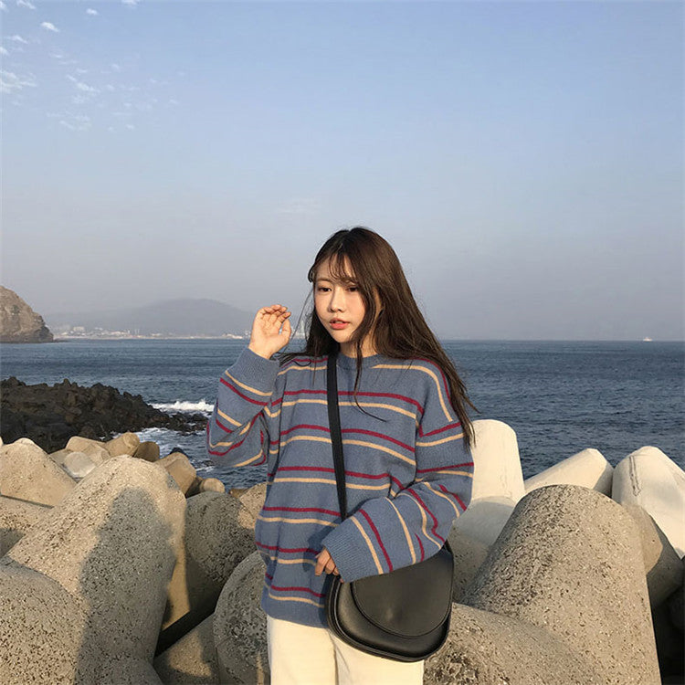 Soft Stripe Autumn O Neck Chic Loose Oversized Casual Knit Sweater Sweatshirt Pullover Jumper Shirt E-Girl Kawaii Korean Japanese Harajuku Streetwear