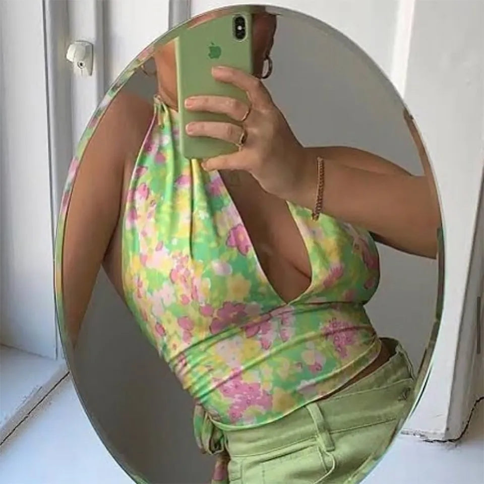 Green Floral Print Halter Top