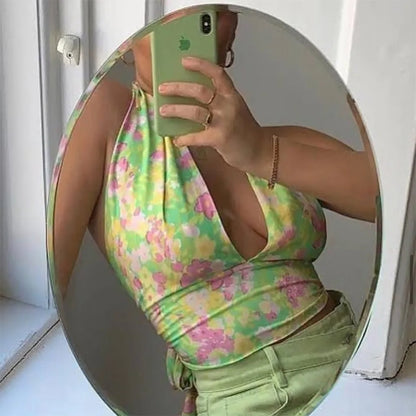 Green Floral Print Halter Top
