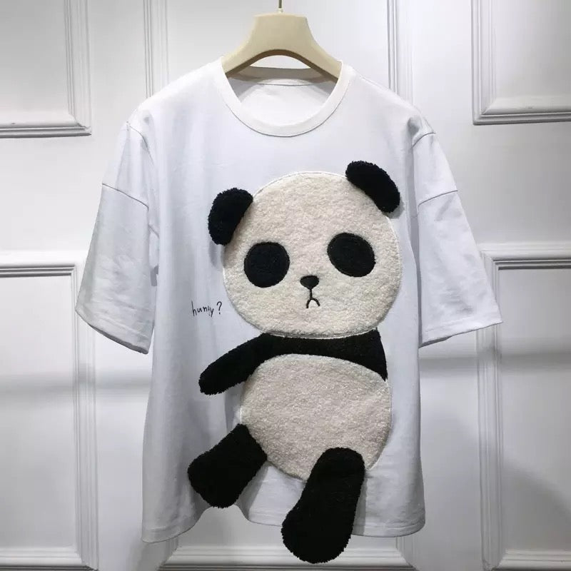 Cute Panda Bear Fleece Hungry Casual Summer Oversized Short Sleeve Tee Shirt T-shirt Top E-Girl Kawaii Korean Japanese Harajuku Streetwear