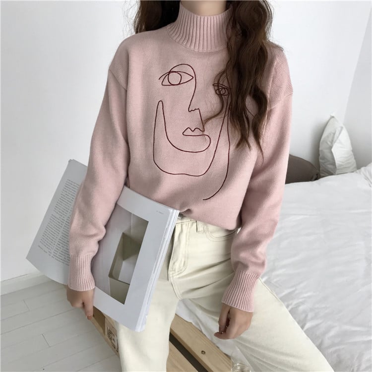Cute Geometric Face Knit Turtleneck Oversized Sweater Long Sleeve Shirt Pullover Sweatshirt E-Girl Kawaii Korean Japanese Harajuku Retro Streetwear