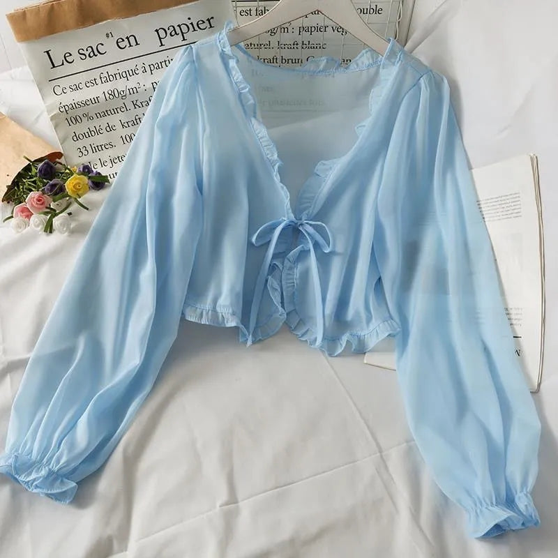 Thin Sheer Bow Long Sleeve Cardigan