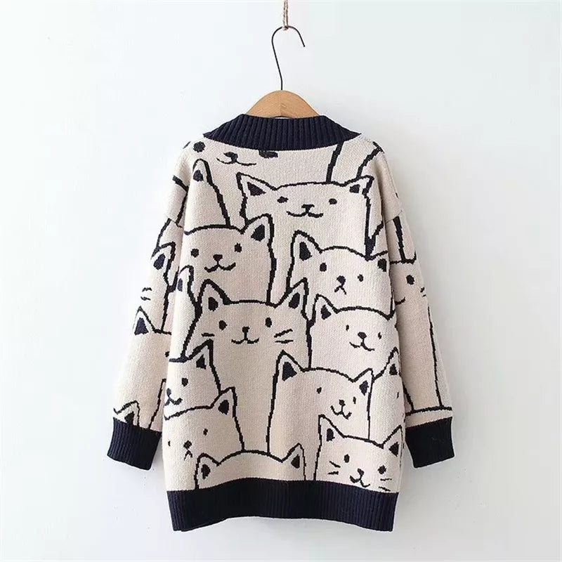 Cat Print V Neck Sweater
