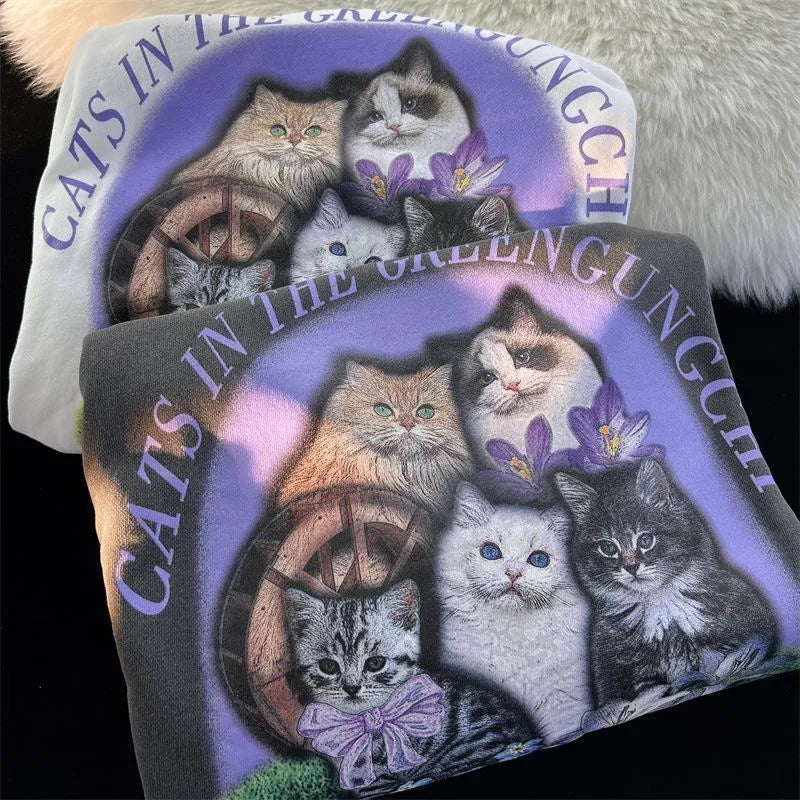 Purple Flower Kitten Print Oversized Hoodie