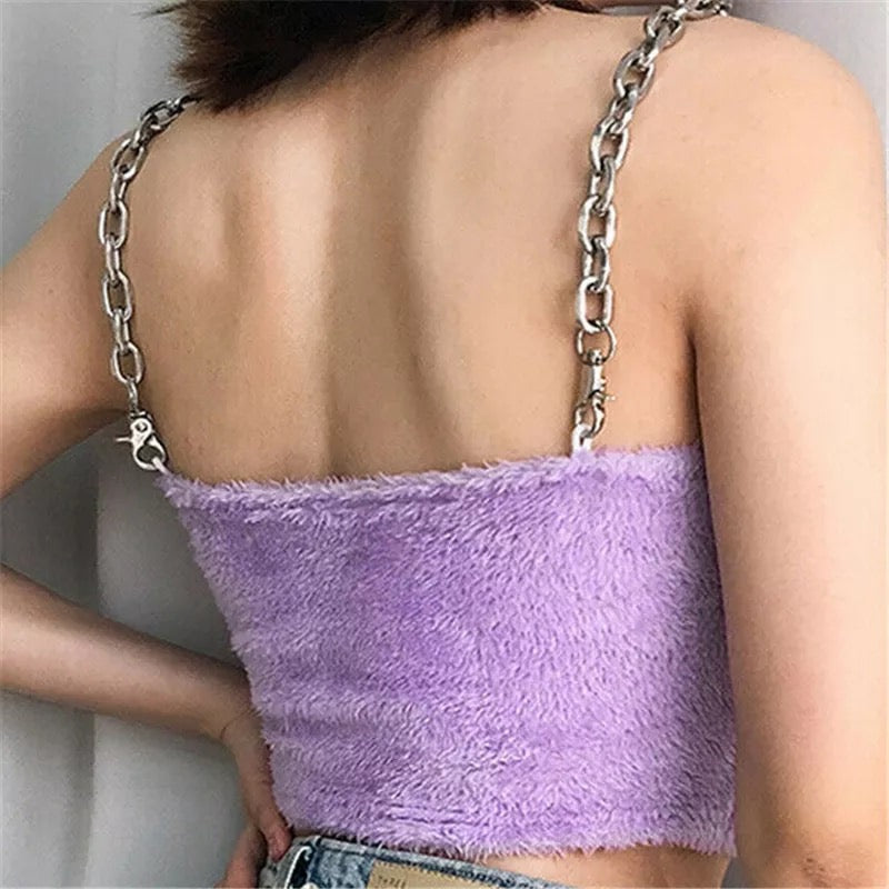 Cute Sexy Purple Chain Sling Fur Fluffy Casual Tank Crop Top Sleeveless Shirt Summer Club E-Girl Kawaii Korean Japanese Harajuku Retro Streetwear