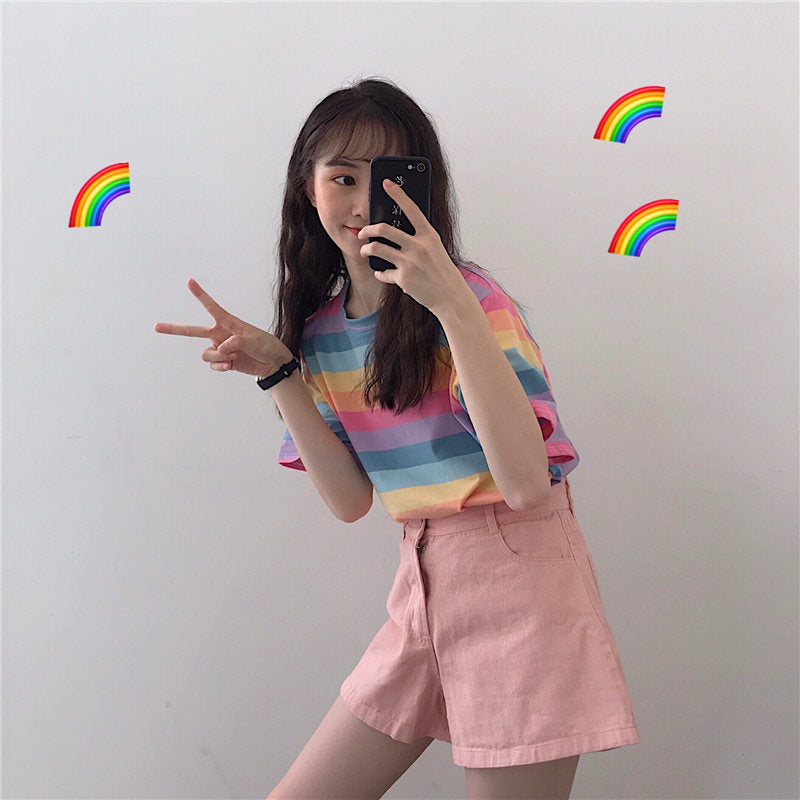 Cute Rainbow Colorful Stripe LGBT Pride Loose Oversized Short Sleeve Shirt Tee T-shirt E-Girl Kawaii Korean Japanese Harajuku Chinese Retro Streetwear