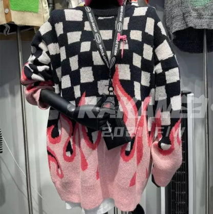 Cute Hot Pink Flames Fire Checkerboard Plaid Oversized Knit Sweater Pullover Aesthetic Casual E-Girl Kawaii Korean Japanese Harajuku