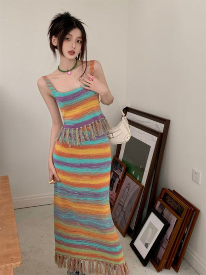 Rainbow Stripe Tassel Tank Top + Maxi Skirt