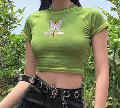 Cute Butterfly Graphic Letter Green Crop Top Short Sleeve Shirt Tee T-shirt E-Girl Kawaii Korean Japanese Harajuku Chinese Retro Streetwear Aesthetic