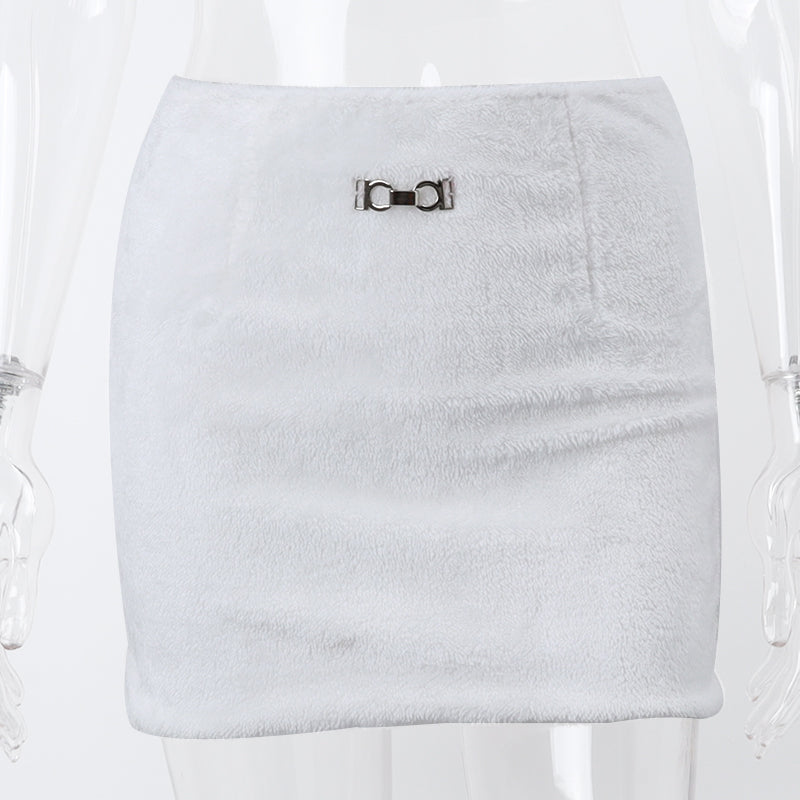 White Fluffy Metal Pendant Mini Skirt