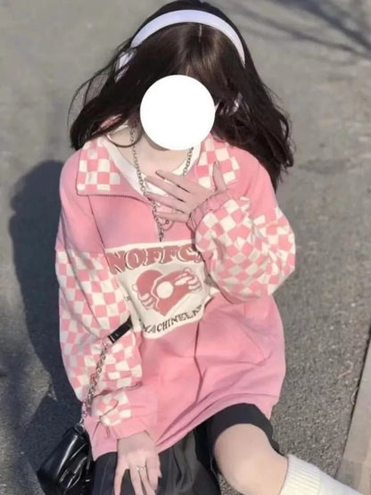 Pink Plaid Checkboard Zip Up Oversized Sweatshirt