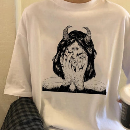 Cute Scary Horror Anime Girl Devil Horn Goth Loose Short Sleeve Short T-shirt Tee Top Summer Casual E-Girl Kawaii Korean Japanese Harajuku Streetwear