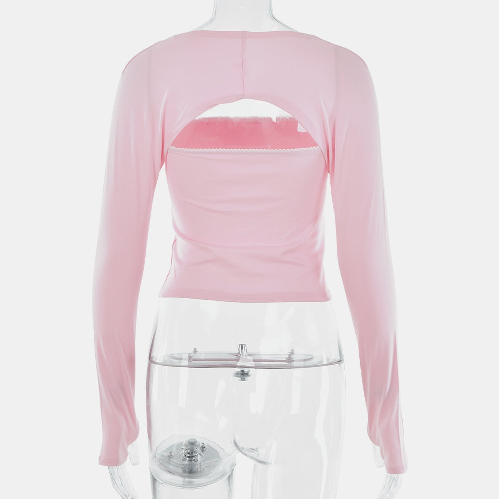 2PCS Pink Tube Top + Long Sleeve Cropped Shawl
