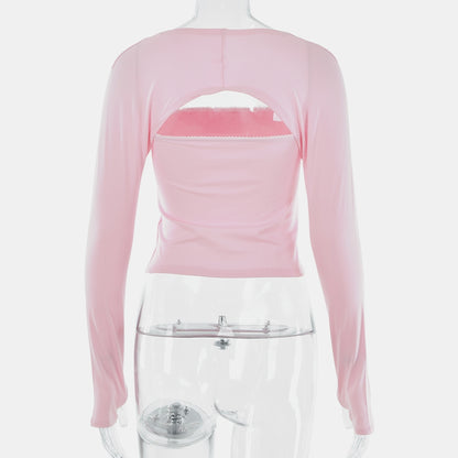 2PCS Pink Tube Top + Long Sleeve Cropped Shawl