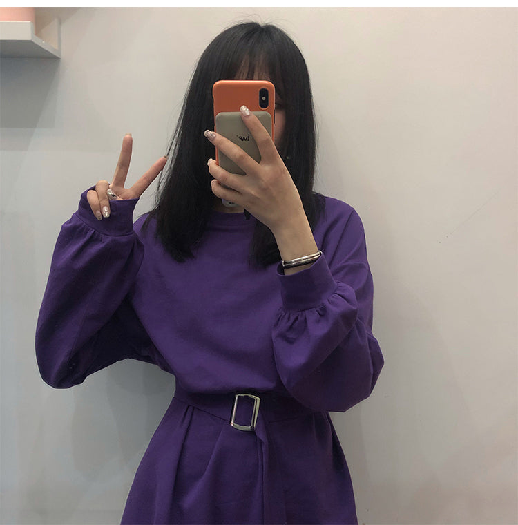 Cute Solid Color Long Sleeve T-shirt Shirt Dress With Belt Loose Oversized Woman Spring Autumn E-Girl Kawaii Korean Japanese Harajuku Retro Streetwear