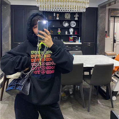 Cute Pink Love Heart Good For U Oversized Hoodie Sweatshirt Long Sleeve Pullover Jumper Sweater E-Girl Kawaii Korean Japanese Harajuku Streetwear