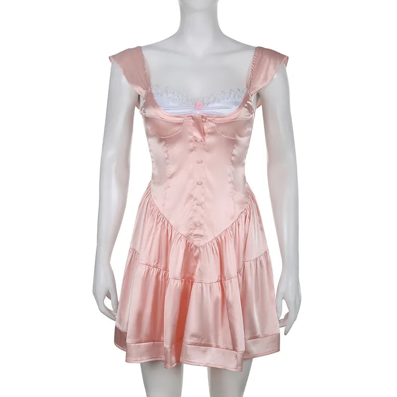 Pink Lace Trim Button Up A-Line Dress