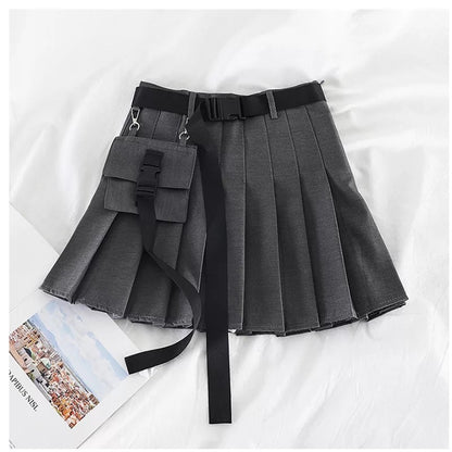 Cute Black Safari Kpop High Waisted Pleated Mini Skirt Goth Punk E-Girl Kawaii Korean Japanese Harajuku Chinese Retro Streetwear Aesthetic
