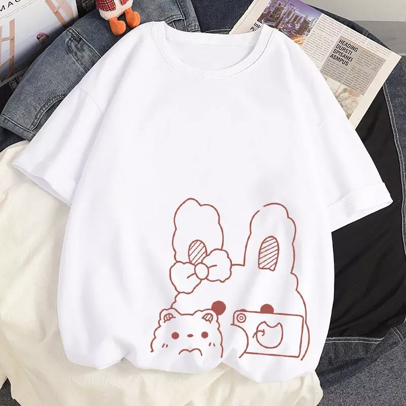 Cute Rabbit Bunny Camera Graphic Cartoon Print Loose Short Sleeve T-shirt Aesthetic Casual Summer E-Girl Kawaii Korean Japanese Harajuku