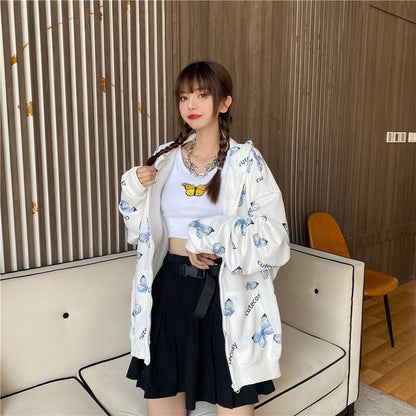 Cute Vintage Butterfly Print Oversize Zipper Hoodie Long Sleeve Pullover Jumper Autumn Aesthetic E-Girl Kawaii Korean Japanese Harajuku Streetwear
