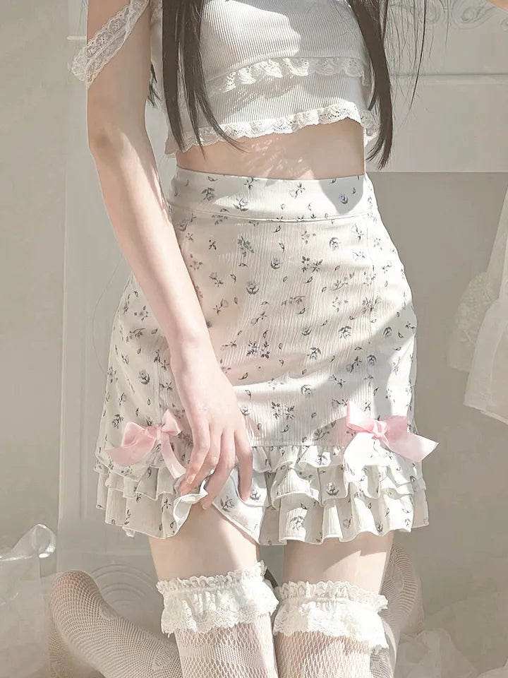 Pink Floral Bow Print Ruffle Mini Skirt
