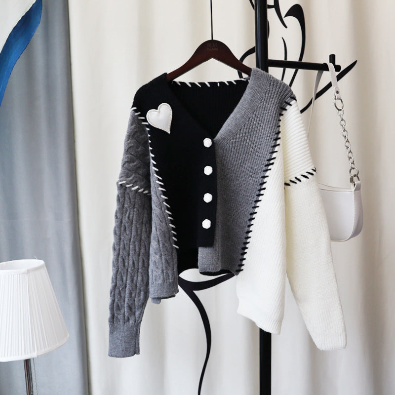 Grey Heart V Neck Patchwork Cardigan