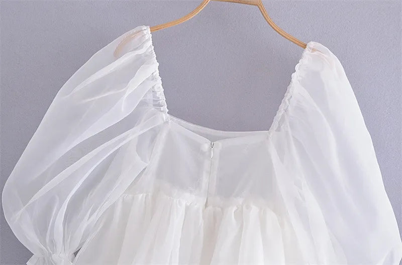 White Puff Sleeve A-Line High Waist Mini Dress