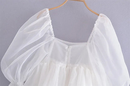 White Puff Sleeve A-Line High Waist Mini Dress