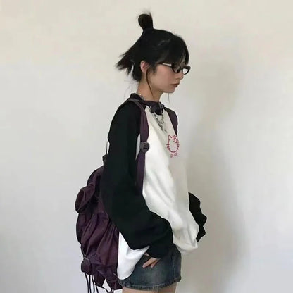 Kitty Cat Anime Cartoon Patchwork Long Sleeve T-shirt