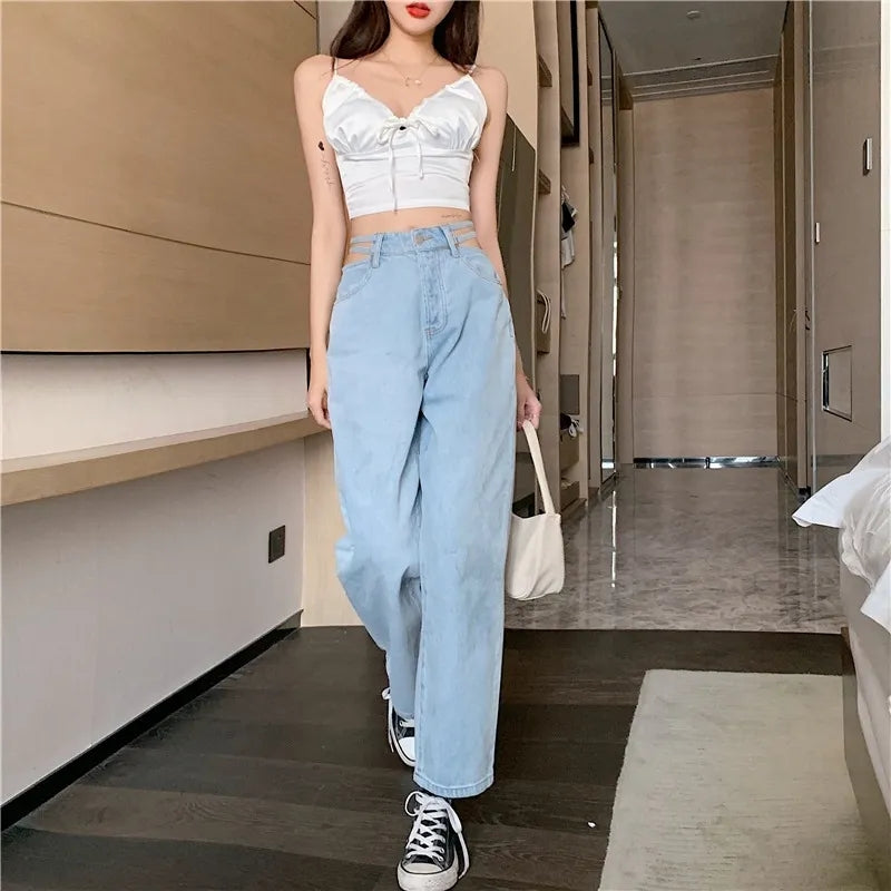 Cut Out Loose High Waist Denim Jeans