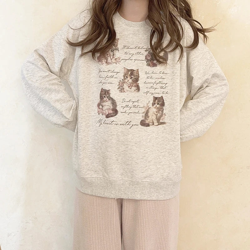 Cat Letter Print Loose Sweatshirt