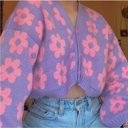 Cute Vintage 90s Purple Pink Flowers Cardigan Long Sleeve Shirt Top V Neck Sweater Jumper Aesthetic E-Girl Kawaii Korean Japanese Harajuku Streetwear